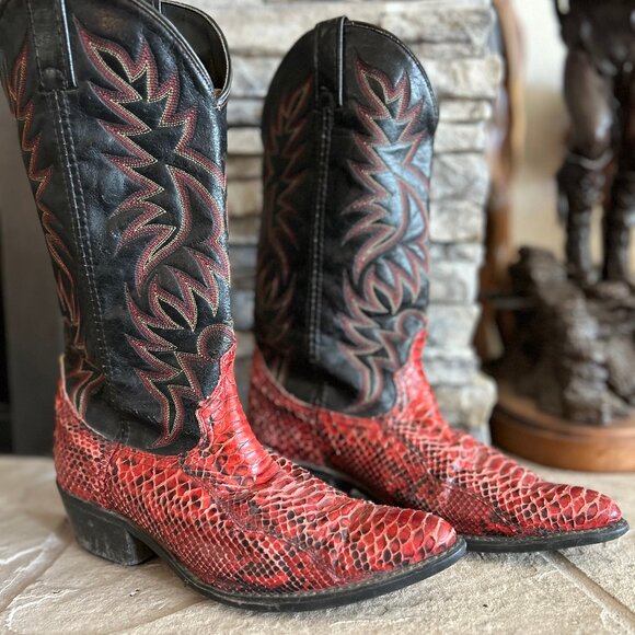 Vintage Red and Black Acme Snakeskin Cowboy Boots - Picture 3 of 8